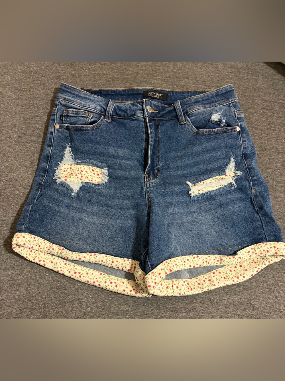 Judy Blue Mid-Rise Flower Cuff Distressed Denim Shorts